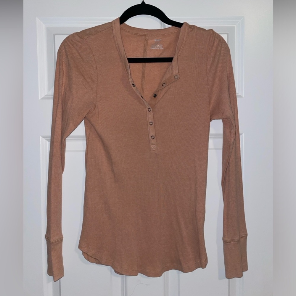 Aerie Neutral Waffle Knit Button Up Long Sleeve